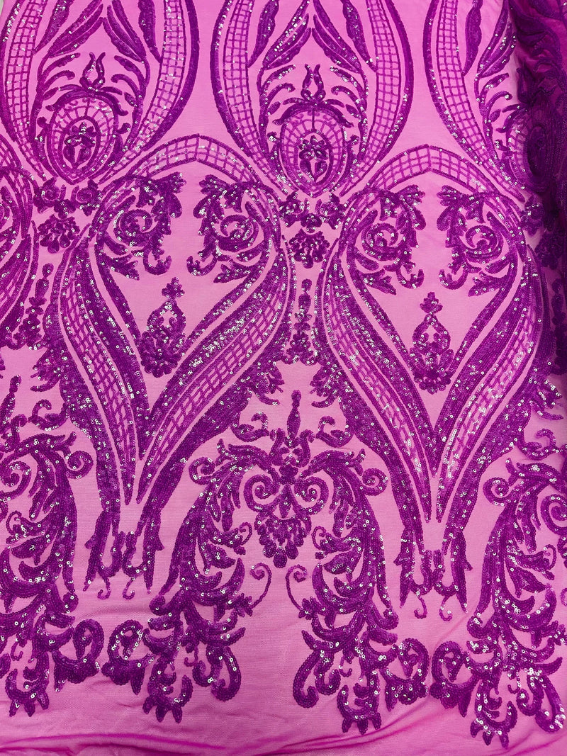 Big Damask Sequins - Magenta Iridescent - Damask Sequin Design on 4 Way Stretch Fabric By Yard