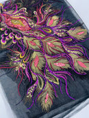 Peacock Feathers Design Lace - Magenta on Black - Embroidered Multi-Color Peacock Lace Fabric Sold by Panel