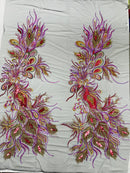 Peacock Feathers Design Lace - Magenta on Black - Embroidered Multi-Color Peacock Lace Fabric Sold by Panel