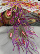 Peacock Feathers Design Lace - Magenta on Black - Embroidered Multi-Color Peacock Lace Fabric Sold by Panel
