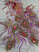 Peacock Feathers Design Lace - Magenta on Black - Embroidered Multi-Color Peacock Lace Fabric Sold by Panel