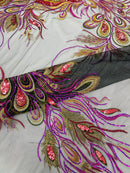 Peacock Feathers Design Lace - Magenta on Black - Embroidered Multi-Color Peacock Lace Fabric Sold by Panel