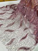 Fire Flame Bead Fabric - Mauve - Sequins and Beads in Fire Flame Design on Mesh by Yard