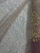 Beaded Iridescent Leaf Design - Clear on Mauve - Leaf Sequins Bead Design Mesh Fabric by yard