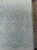 Beaded Iridescent Leaf Design - Clear on Mauve - Leaf Sequins Bead Design Mesh Fabric by yard