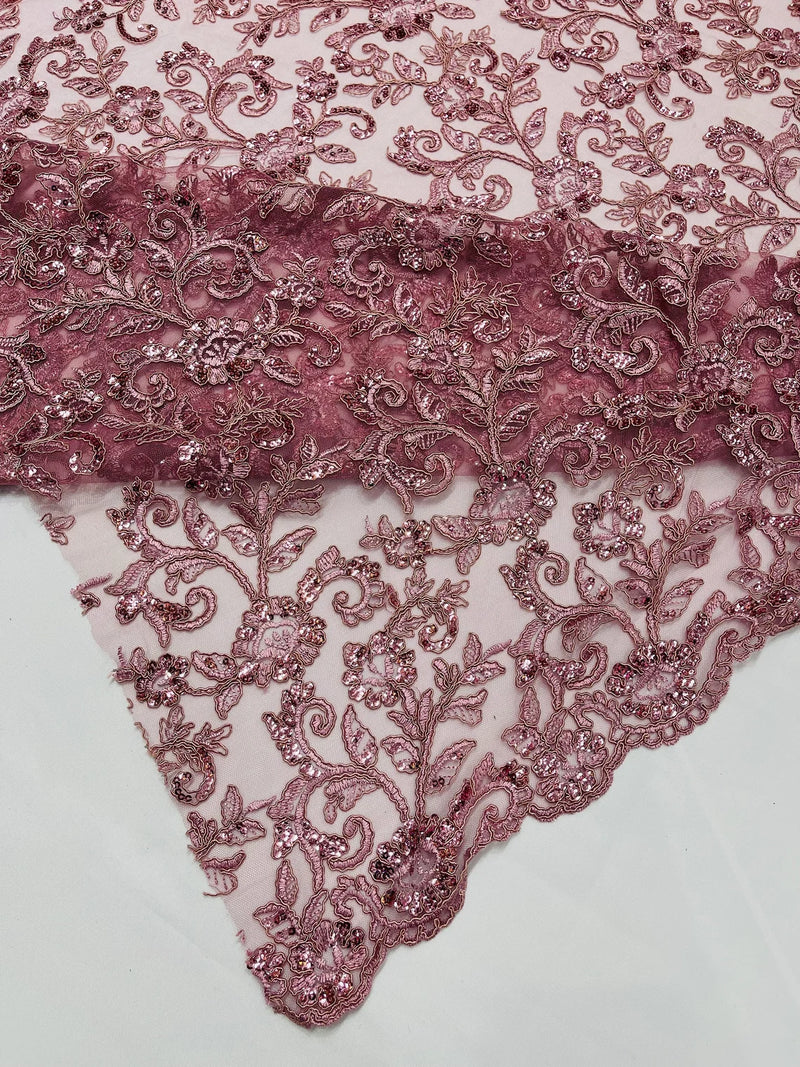 Floral Sequins Corded Fabric - Mauve - Lace Sequins Fabric in Floral Pattern Sold By Yard