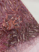 Fire Flame Bead Fabric - Mauve - Sequins and Beads in Fire Flame Design on Mesh by Yard