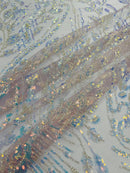 Beaded Iridescent Leaf Design - Clear on Mauve - Leaf Sequins Bead Design Mesh Fabric by yard