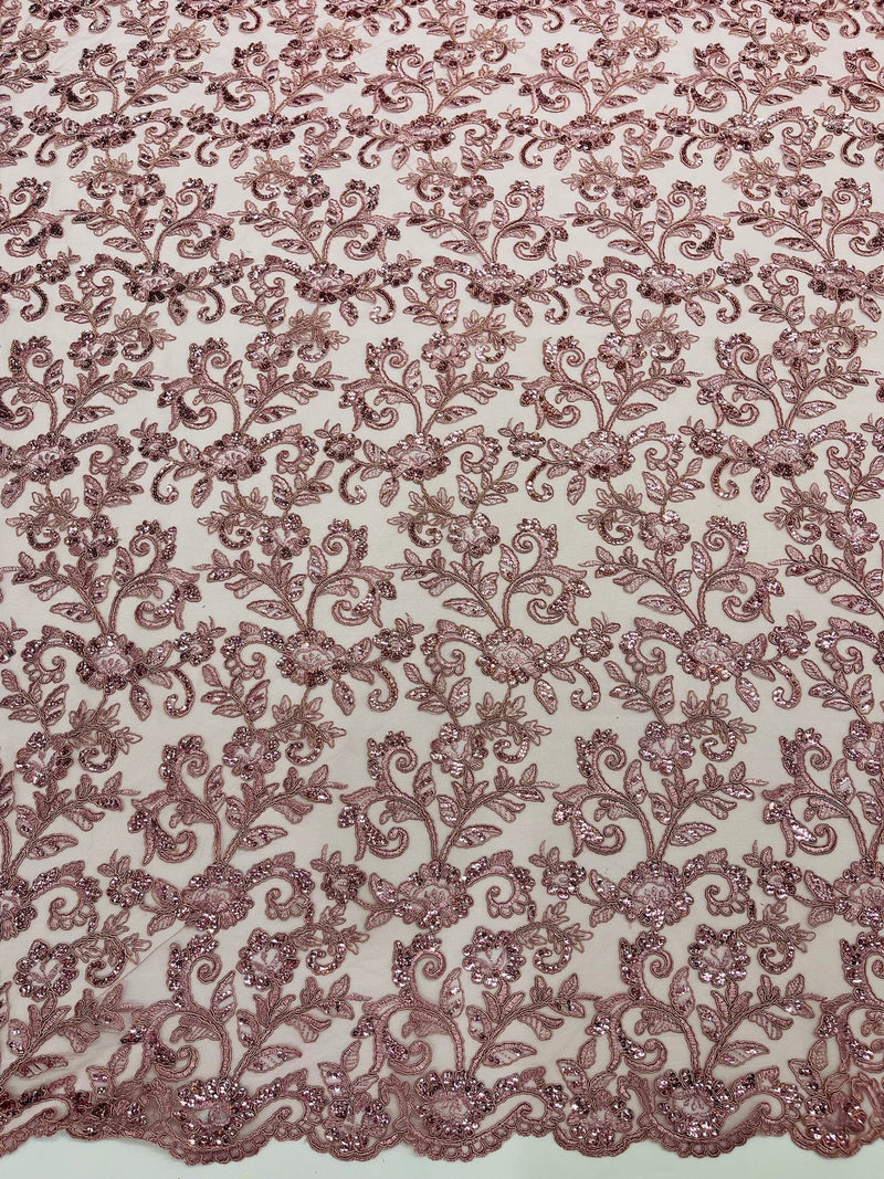 Floral Sequins Corded Fabric - Mauve - Lace Sequins Fabric in Floral Pattern Sold By Yard