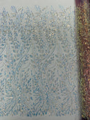 Beaded Iridescent Leaf Design - Clear on Mauve - Leaf Sequins Bead Design Mesh Fabric by yard