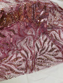 Fire Flame Bead Fabric - Mauve - Sequins and Beads in Fire Flame Design on Mesh by Yard