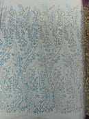 Beaded Iridescent Leaf Design - Clear on Mauve - Leaf Sequins Bead Design Mesh Fabric by yard