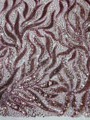 Fire Flame Bead Fabric - Mauve - Sequins and Beads in Fire Flame Design on Mesh by Yard