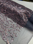 Wavy Floral Beaded Fabric - Light Plum - Geometric Beaded Sequins Embroidered Fabric Sold By Yard