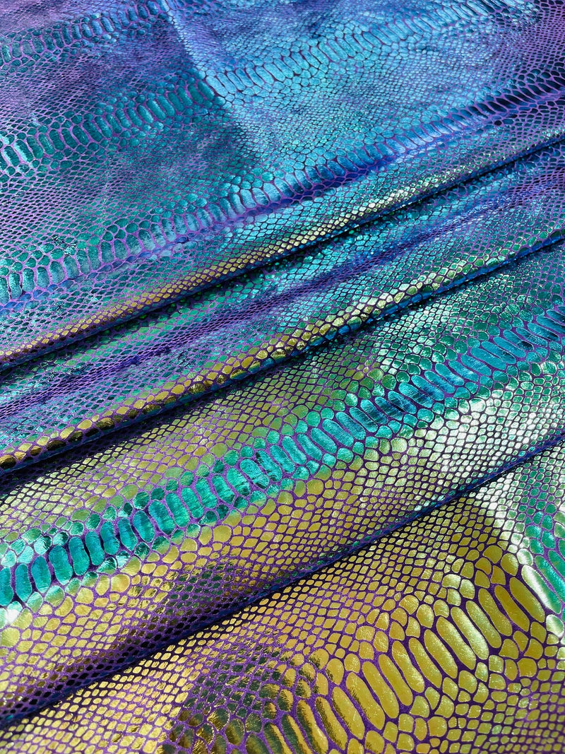 Anaconda Foil Velvet - Mermaid Green - Shiny Foil Velvet Anaconda Snake Print Fabric Sold By The Yard