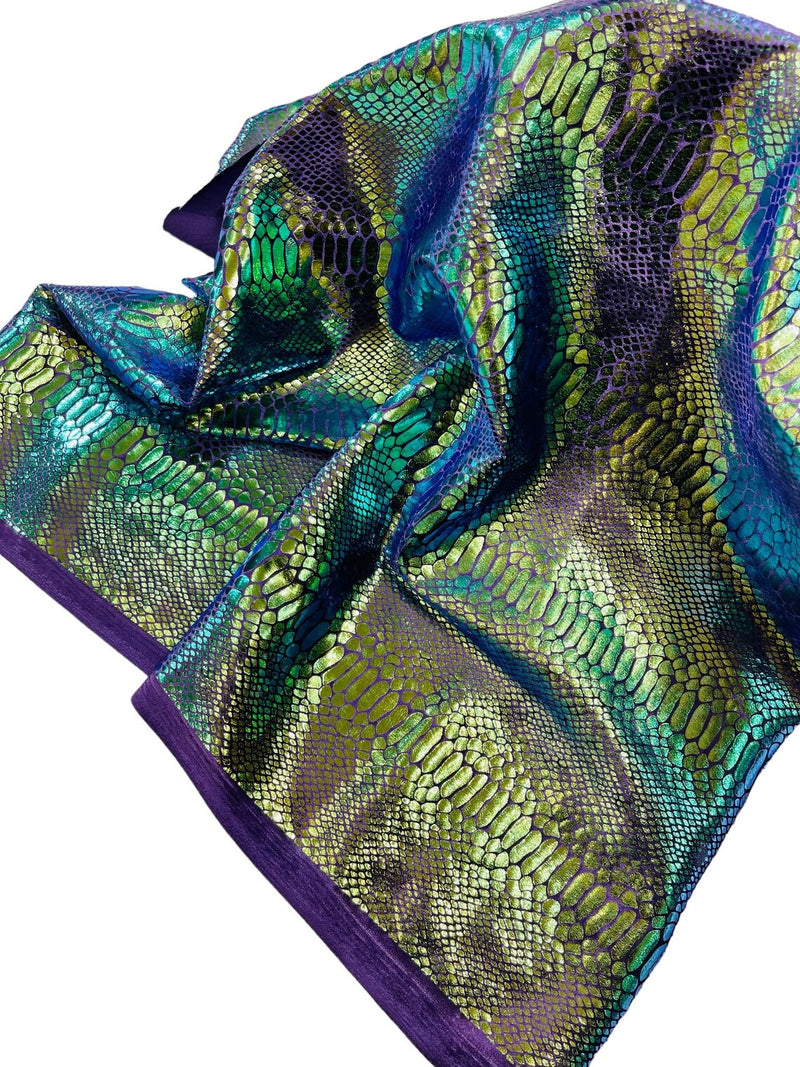 Anaconda Foil Velvet - Mermaid Green - Shiny Foil Velvet Anaconda Snake Print Fabric Sold By The Yard