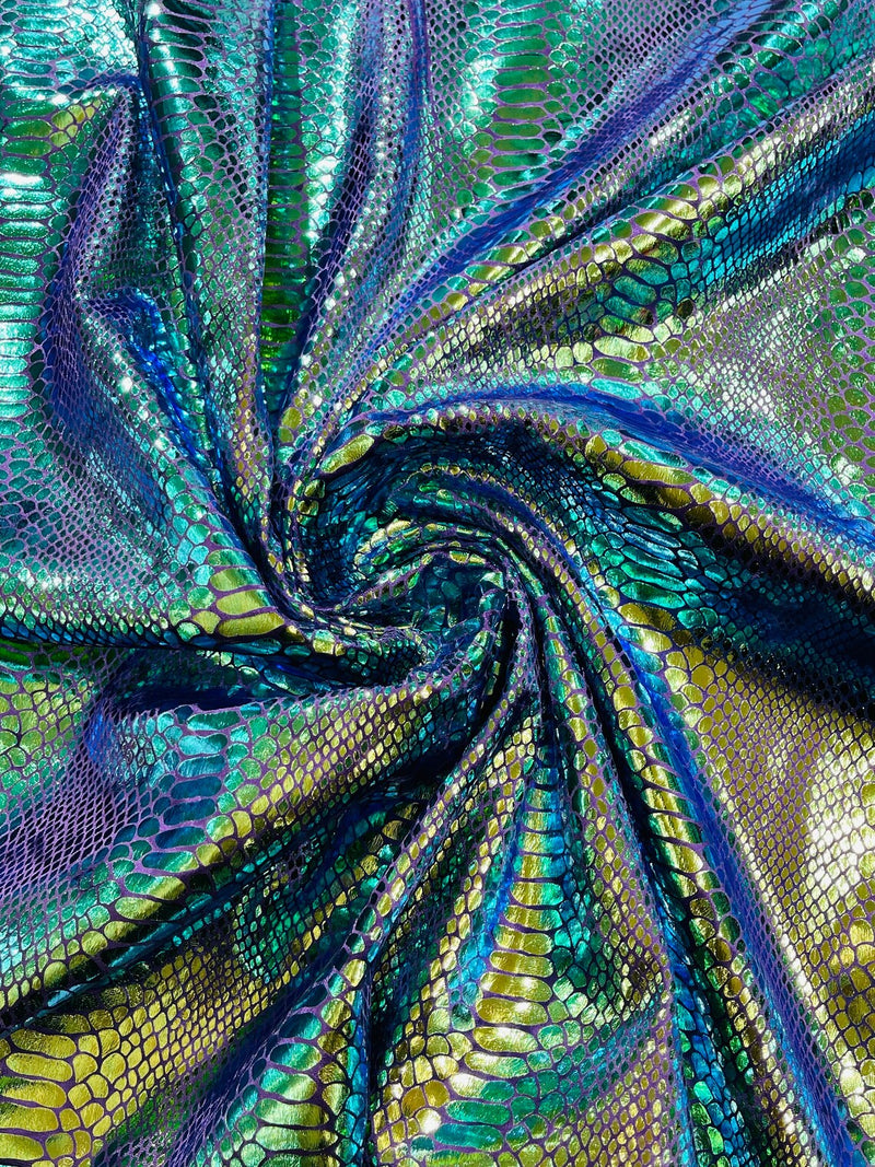 Anaconda Foil Velvet - Mermaid Green - Shiny Foil Velvet Anaconda Snake Print Fabric Sold By The Yard