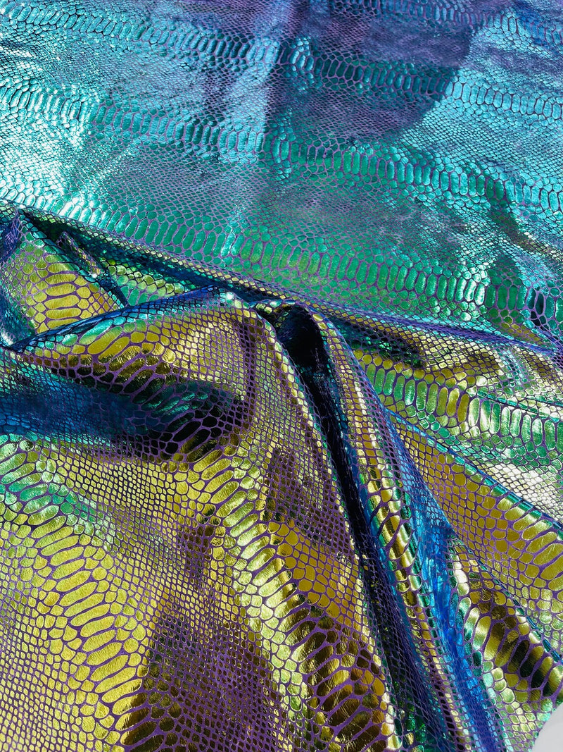 Anaconda Foil Velvet - Mermaid Green - Shiny Foil Velvet Anaconda Snake Print Fabric Sold By The Yard