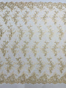 Plant Design Lace Fabric - Metallic Beige - Small Plant Flower Leaf Design Lace Fabric Sold By Yard