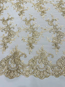 Plant Design Lace Fabric - Metallic Beige - Small Plant Flower Leaf Design Lace Fabric Sold By Yard
