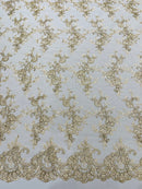 Plant Design Lace Fabric - Metallic Beige - Small Plant Flower Leaf Design Lace Fabric Sold By Yard
