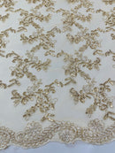 Sequin Lace Floral Fabric - Metallic Gold - Flower Embroidered Sequins Lace Fabric Sold By Yard