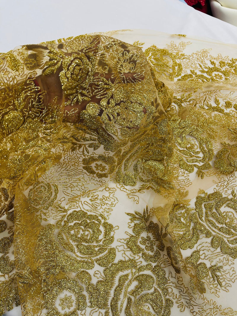 Rose Tulle Glitter Design Fabric - Metallic Gold - 3D Glitter Tulle Rose Plant Design Fabric By Yard