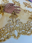 King Damask Lace Fabric - Metallic Gold - Corded Embroidery with Sequins on Mesh Lace Fabric By Yard