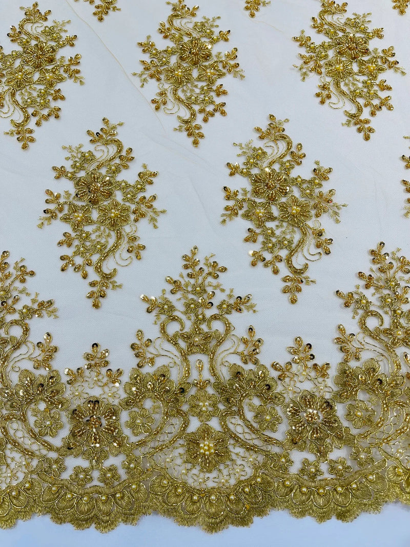 Isabela Design - Metallic Gold - Embroidery Beaded Fabric With Sequin on a Mesh Fabric by the yard