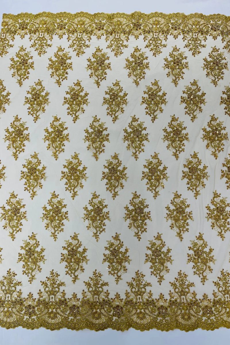 Isabela Design - Metallic Gold - Embroidery Beaded Fabric With Sequin on a Mesh Fabric by the yard