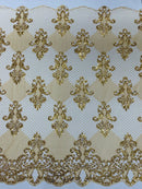 King Damask Lace Fabric - Metallic Gold - Corded Embroidery with Sequins on Mesh Lace Fabric By Yard