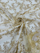 Sequin Lace Floral Fabric - Metallic Gold - Flower Embroidered Sequins Lace Fabric Sold By Yard