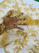 Floral Cluster Corded Fabric - Metallic Gold - Fancy Flower Embroidery Lace Mesh Fabric By Yard