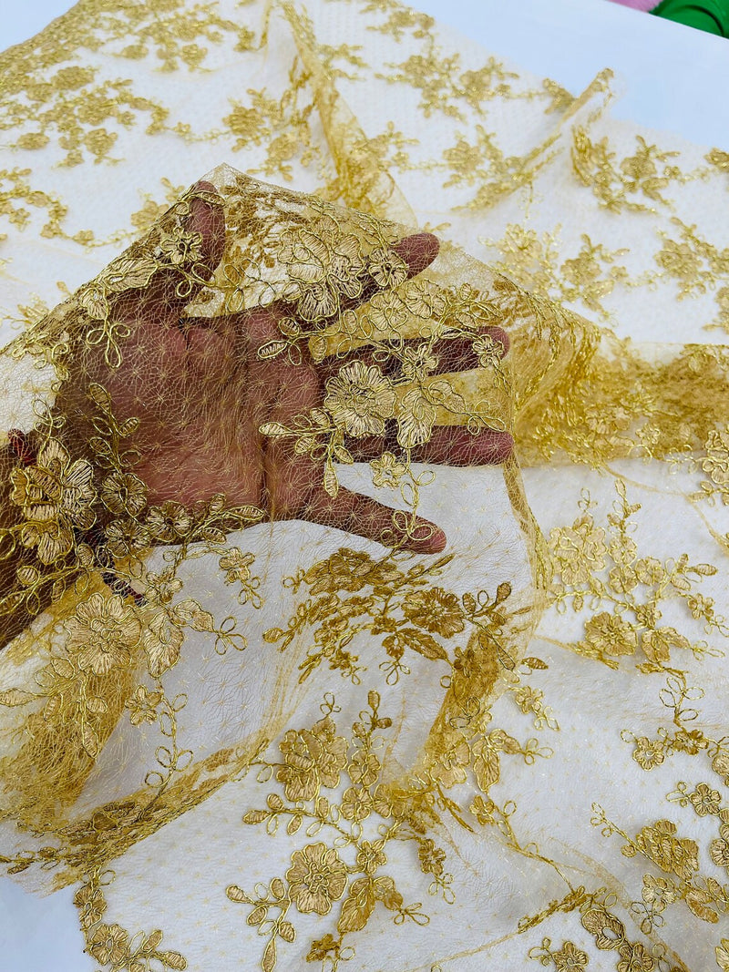 Floral Cluster Corded Fabric - Metallic Gold - Fancy Flower Embroidery Lace Mesh Fabric By Yard