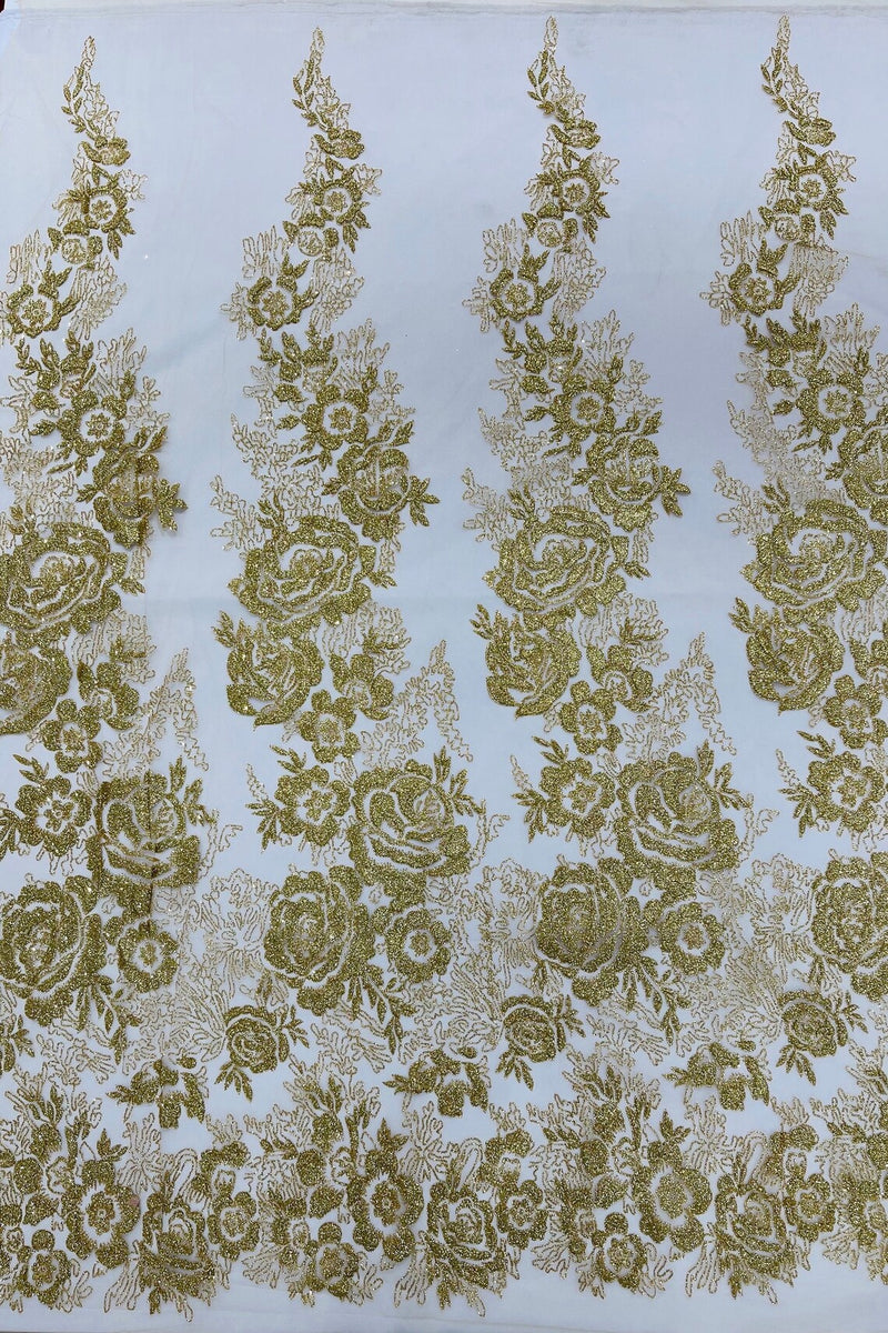 Rose Tulle Glitter Design Fabric - Metallic Gold - 3D Glitter Tulle Rose Plant Design Fabric By Yard