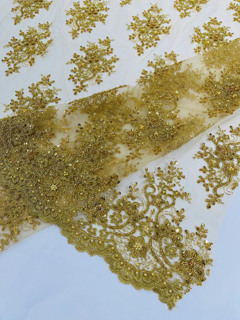 Isabela Design - Metallic Gold - Embroidery Beaded Fabric With Sequin on a Mesh Fabric by the yard