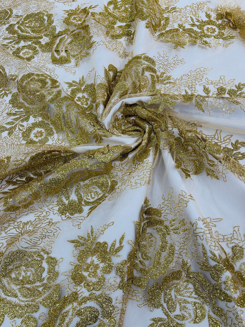 Rose Tulle Glitter Design Fabric - Metallic Gold - 3D Glitter Tulle Rose Plant Design Fabric By Yard