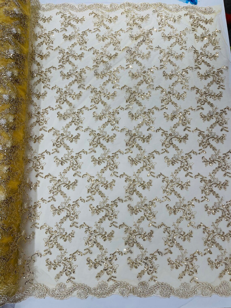 Sequin Lace Floral Fabric - Metallic Gold - Flower Embroidered Sequins Lace Fabric Sold By Yard