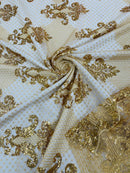King Damask Lace Fabric - Metallic Gold - Corded Embroidery with Sequins on Mesh Lace Fabric By Yard