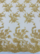 Floral Cluster Corded Fabric - Metallic Gold - Fancy Flower Embroidery Lace Mesh Fabric By Yard