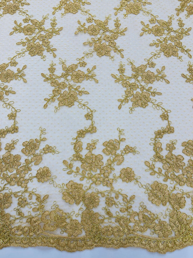 Floral Cluster Corded Fabric - Metallic Gold - Fancy Flower Embroidery Lace Mesh Fabric By Yard