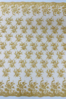 Floral Cluster Corded Fabric - Metallic Gold - Fancy Flower Embroidery Lace Mesh Fabric By Yard