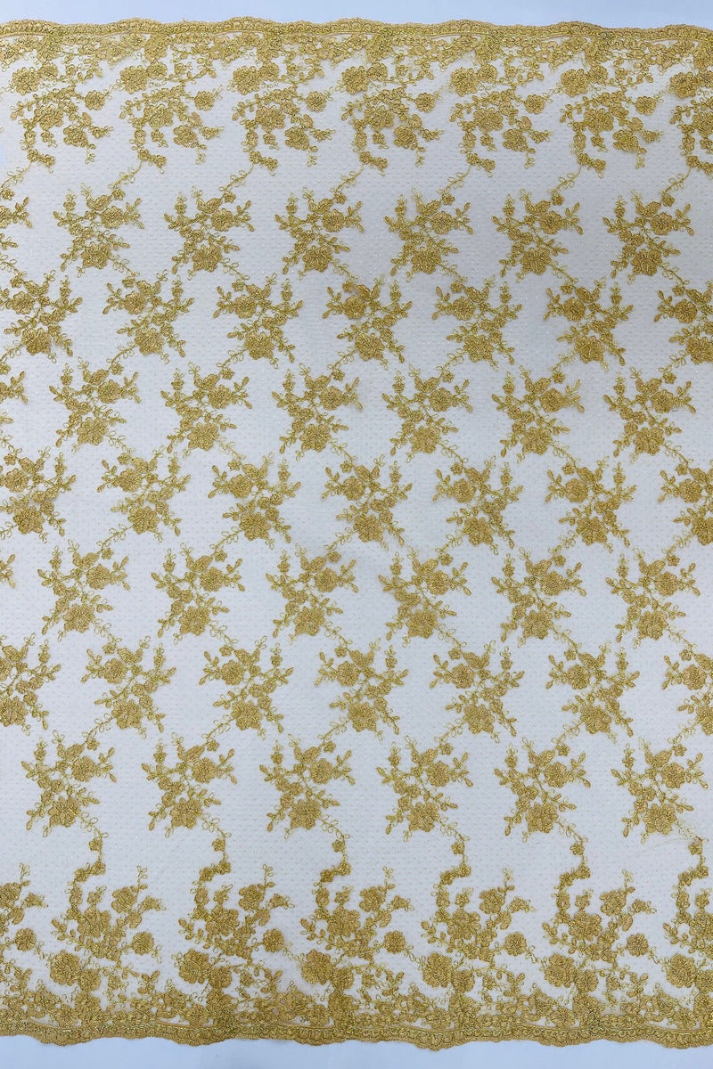 Floral Cluster Corded Fabric - Metallic Gold - Fancy Flower Embroidery Lace Mesh Fabric By Yard