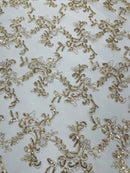Sequin Lace Floral Fabric - Metallic Gold - Flower Embroidered Sequins Lace Fabric Sold By Yard