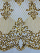 King Damask Lace Fabric - Metallic Gold - Corded Embroidery with Sequins on Mesh Lace Fabric By Yard