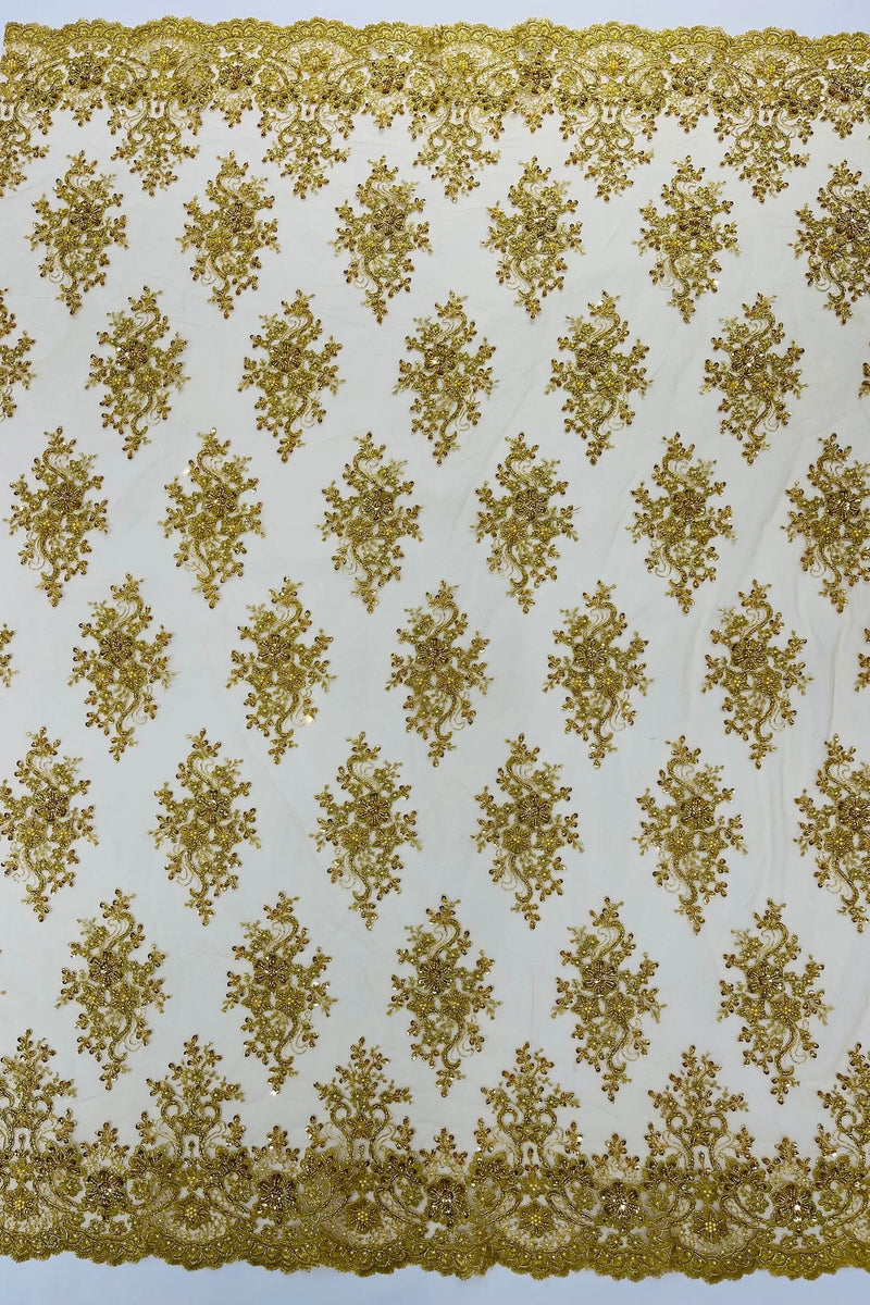 Isabela Design - Metallic Gold - Embroidery Beaded Fabric With Sequin on a Mesh Fabric by the yard