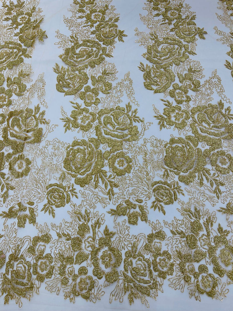 Rose Tulle Glitter Design Fabric - Metallic Gold - 3D Glitter Tulle Rose Plant Design Fabric By Yard