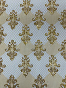 King Damask Lace Fabric - Metallic Gold - Corded Embroidery with Sequins on Mesh Lace Fabric By Yard