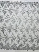 Plant Design Lace Fabric - Metallic Silver - Small Plant Flower Leaf Design Lace Fabric Sold By Yard