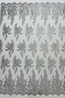 Braid Leaf Designs Lace Fabric - Metallic Silver - Embroidered Floral Leaf Pattern on Lace Mesh Fabric By Yard